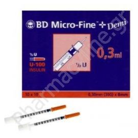 BD Micro-Fine Σύριγγα Ινσουλίνης 0,3 ml 30 G x 8 mm